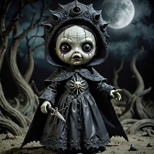 The image depicts a haunting scene set in a dark, eerie forest. At the center stands a sinister doll with an unsettling appearance. Its skin is pale and wrinkled, with deep, sunken eyes that seem to stare into the soul. The doll's lips are painted a dark red, and its forehead is marked with ominous black lines.

The doll is dressed in a long, flowing black gown adorned with intricate designs. A hood covers its head, featuring a prominent sun emblem at the front. In its right hand, the doll grips a small dagger, adding to its menacing aura.

The background is equally unsettling. Twisted, gnarled trees with bare branches stretch upwards, their silhouettes stark against the night sky. The ground is littered with rocks and debris, contributing to the overall sense of desolation.

A full moon looms in the upper right corner, casting an eerie glow over the entire scene. The sky is filled with dark, brooding clouds that enhance the sinister atmosphere.

This image is a masterful blend of horror elements, creating a chilling and memorable visual experience.