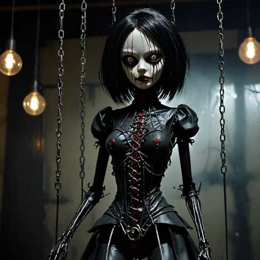 The image depicts a hauntingly beautiful doll with a distinctly eerie appearance. She has short, black hair that frames her face, which is painted a stark white. Her eyes are particularly unsettling, with black pupils surrounded by a vivid red, giving her a demonic look. Red streaks run down her face, resembling blood, which adds to her sinister allure. Her lips are painted a deep red, enhancing her gothic aesthetic.

The doll is dressed in a black leather corset that laces up the front, adorned with red buttons and a red zipper. The corset features puffy sleeves, adding a touch of contrast to her otherwise dark attire. Her arms are metallic, ending in hands that appear to be made of silver or a similar shiny material. She wears a black leather skirt that complements her corset, completing her macabre ensemble.

The setting around her is equally eerie. She stands in a room with a white wall, from which several chains hang down. The background is shrouded in fog, adding to the overall spooky atmosphere. Hanging from the ceiling are three light bulbs, casting a dim light that further accentuates the doll's ghostly presence. The entire scene is bathed in a dark, shadowy ambiance, making the doll appear even more ghostly and unsettling.