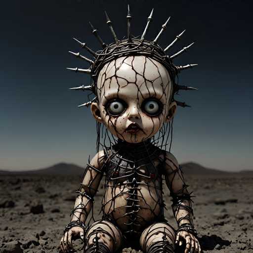 The image depicts a hauntingly surreal scene of a baby doll, seemingly crafted from human flesh and adorned with an array of metal spikes and wires. The doll's body is covered in a chaotic mesh of metal, with spikes protruding from its head, arms, and legs, giving it a disturbingly industrial appearance. Its eyes are wide open, staring blankly ahead, and its lips are painted a dark red, adding to the eerie atmosphere. The doll's skin is pale and marked with dark lines that resemble blood vessels, enhancing its grotesque look. It sits on a barren, rocky surface, with a dark, ominous sky looming in the background. The overall composition evokes a sense of dread and unease, as the doll appears to be a nightmarish creation, possibly from a horror movie or a dark fantasy.