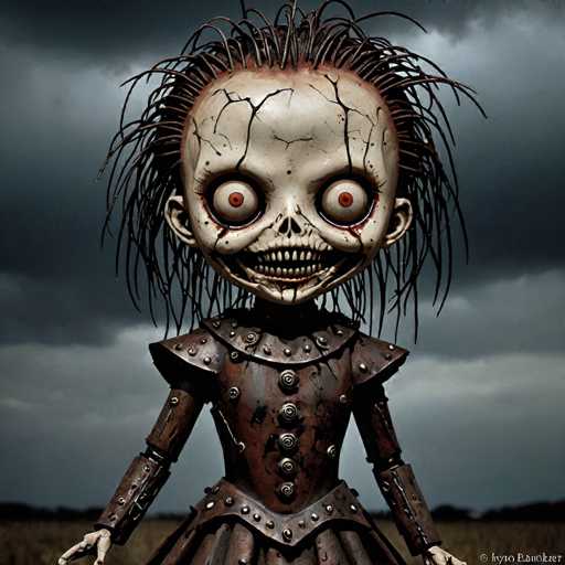 A creepy, steampunk-inspired doll with a skull-like head and glowing red eyes. The doll is dressed in a rusty, metallic outfit with intricate details like rivets and gears. Its hair is wild and spiky, and its expression is unsettlingly joyful. The background is a dark, stormy sky with a blurred landscape below.