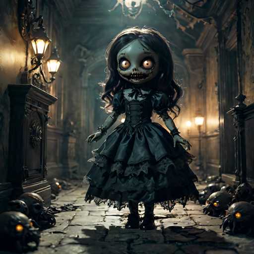 The image depicts a hauntingly eerie scene reminiscent of a horror movie. At the center stands a young girl with a doll-like face, her eyes wide open and staring blankly ahead. Her mouth is slightly agape, revealing a set of teeth that appear to be rotting. She has long, wavy black hair cascading down her shoulders. The girl is dressed in a Victorian-style black dress, complete with a bow tie at the neckline and lace detailing at the bottom. Her arms are outstretched to her sides, and she wears black shoes.

The setting is a dimly lit, old-fashioned hallway with stone flooring. The walls are adorned with sconces emitting a faint yellow light, casting eerie shadows. On either side of the girl, the floor is littered with numerous skulls, each with glowing orange eyes that add to the unsettling atmosphere. The overall scene is dark and foreboding, evoking a sense of dread and mystery.