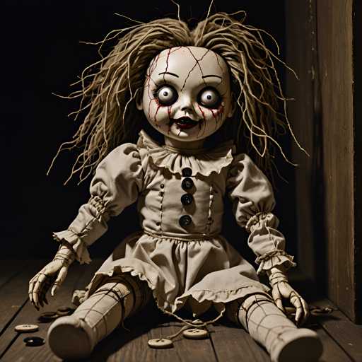 A creepy doll with red bloodied eyes and a white dress sits on the floor next to a pile of buttons.