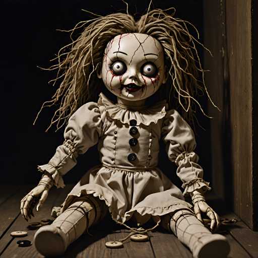 This image depicts a chilling scene reminiscent of horror films like "Annabelle" or "The Omen." The setting is a dimly lit room with a wooden floor and a wooden wall, creating an eerie atmosphere. At the center of the image is a menacing doll with wild, stringy hair and a face marked by cracks and blood-like streaks around its eyes. The doll's eyes are unnervingly wide open, and its mouth is twisted into a sinister grin. It is dressed in a white dress adorned with black buttons and has string wrapped around its arms, legs, and feet. Scattered around the doll are several buttons, adding to the unsettling scene. The overall composition is designed to evoke fear and unease, capturing the essence of a terrifying horror movie moment.