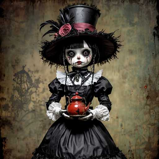 The image depicts a hauntingly beautiful doll with a distinctly gothic aesthetic. She is adorned in a black dress with puffy sleeves and a white collar, complemented by white gloves. Her face is painted stark white, with black accents around her eyes and red lips, giving her a macabre appearance. Her hair is styled in a bob with bangs, and she wears a large black top hat adorned with a red rose and black feathers. The doll's eyes are mismatched, one brown and one blue, adding to her eerie allure. She holds a red teapot with black markings in her hands. The background features a dirty, grayish-green wall with a shadow of a plant on the left side, enhancing the overall dark and mysterious atmosphere of the scene.