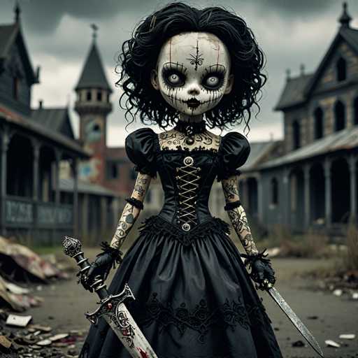 A detailed, high-quality digital painting of a vintage-style doll with a skull face, dressed in a black Victorian-era dress and holding a sword. The doll has large, empty eye sockets with red markings, black curly hair, and intricate tattoos on its arms. The background is a slightly blurred, dark, and eerie setting of an abandoned building with broken windows and debris. The overall style is gothic and macabre, emphasizing a sense of mystery and darkness.