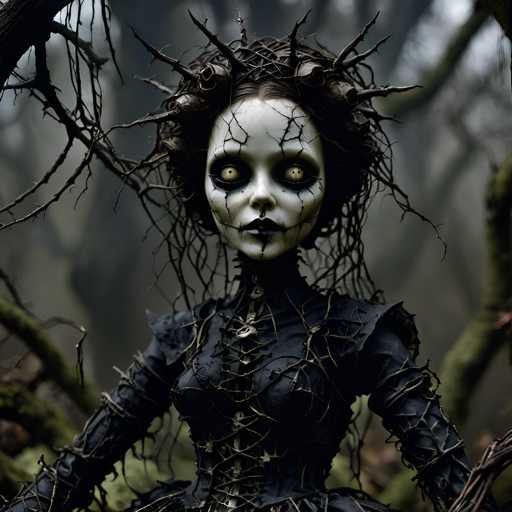 A doll with a white face and black dress is the central figure in this image. The doll's hair is styled into an intricate braided pattern that adds complexity to her appearance. She is surrounded by a forest of twisted tree branches, creating a sense of mystery and intrigue.
