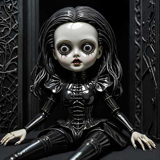 A detailed, high-quality image of a vintage-style, porcelain doll with a gothic aesthetic. The doll is seated in a dark, ornate chair or throne, facing the viewer with large, wide eyes. The doll's skin is a pale, almost porcelain white, and its hair is long, black, and styled in an elaborate, slightly messy fashion. It's wearing a dark, gothic-style dress with intricate details like a corset-like bodice and ruffled sleeves. The doll's expression is somewhat melancholic or otherworldly, with a subtle hint of a smile. The background is dark and slightly blurred, drawing focus on the doll's detailed features. The lighting is dramatic, highlighting the textures and details of the doll's clothing and face.