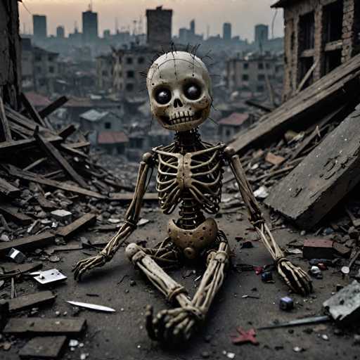 In this haunting image, a skeleton sits amidst the ruins of a devastated city. The skeletal figure, with its head turned to the left, gazes directly at the viewer, creating an eerie and unsettling atmosphere. The cityscape in the background is a chaotic scene of destruction, with buildings reduced to rubble and debris scattered everywhere. The skeleton's skull is adorned with what appears to be barbed wire or some form of wire protruding from the top, adding to the macabre nature of the scene. Its eyes are unnervingly large and bulging, with a peculiar red spot on the right eye, enhancing the sense of horror. The skeleton's hands are splayed out to its sides, and its legs are crossed, with the right leg resting over the left. The overall composition of the image evokes a strong sense of desolation and decay, making it a deeply disturbing visual experience.