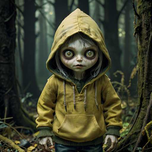 A creepy, pale child-like figure with large, bulging eyes and a decaying face wearing a yellow hooded sweatshirt stands in a dark, mossy forest. The figure's clothing is tattered and appears to be made of decaying fabric, with visible stitching and dark stains. The background is blurred, suggesting a deep forest setting with tall, gnarled trees and dim lighting. The overall atmosphere is eerie and unsettling, emphasizing the figure's otherworldly appearance.