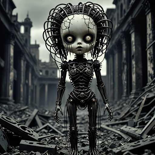 A 3D rendering of a robot with a creepy face and twisted body standing on rubble and debris.