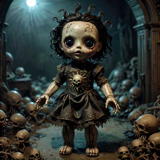 A creepy doll with black hair and a white face is standing in front of a large pile of skulls. The doll is wearing a dress that has gold stars on it.