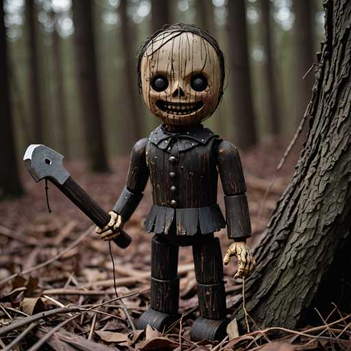 A creepy doll with a black dress and white face stands on a pile of leaves in a forested area.