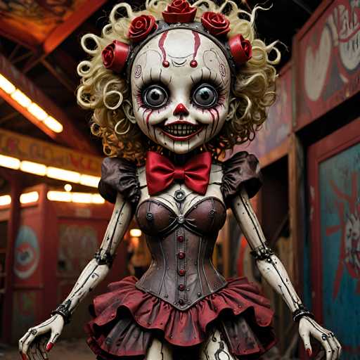 A creepy, vintage-style ventriloquist doll stands in a dimly lit, cluttered arcade setting. The doll is pale with a grotesque, painted-on smile and large, wide eyes. It wears a dark, ruffled dress with red accents and a matching red bow. The doll's head is adorned with a crown of red roses, and its body is supported by visible mechanical joints. The background features faded arcade posters and a dimly lit, slightly dusty environment, creating a spooky and nostalgic atmosphere. The overall style is reminiscent of a vintage horror illustration or a scene from a dark, whimsical story.