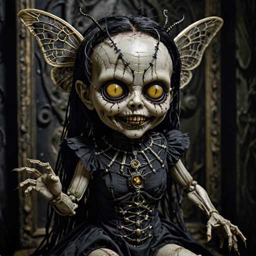 The image depicts a hauntingly eerie doll with a distinctly unsettling appearance. The doll's head is disproportionately large, adorned with long, stringy black hair that cascades down its sides. Its eyes are a striking yellow, with vertical slit pupils that add to its sinister gaze. The doll's face is marked by a wide, unsettling grin, revealing teeth that are a mix of yellow and brown hues. The skin of the doll is a pale, almost grayish white, contributing to its ghostly aura.

The doll's body is equally disturbing, with visible skeletal bones protruding from its chest and arms. It is dressed in a black dress that features intricate gold lacing, adding a touch of macabre elegance to its attire. The dress is further embellished with a gold medallion at the center of the chest, and a chain hanging down from it.

One of the most striking features of the doll is its pair of large, bat-like wings extending from its back. These wings are a light brown color, with black veins running through them, resembling the delicate structure of real bat wings.

The background of the image is dark and blurred, with a metallic, grayish-black hue that enhances the doll's ominous presence. The doll's right hand is raised, with its fingers splayed out, adding to the overall unsettling and creepy atmosphere of the scene.