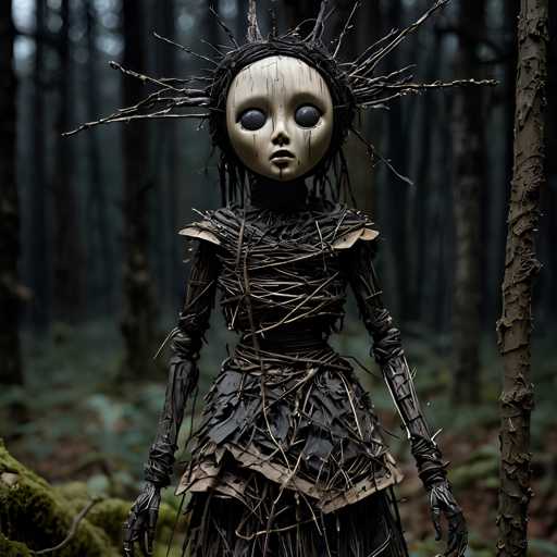 A doll with a white face and black hair stands in front of a tree trunk in a forest setting. The doll is dressed in a long dress made from thin strings that drape down to the ground. The doll's head is adorned with a crown, and it holds a stick in its hand.