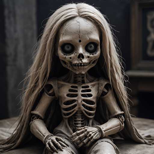This image features a hauntingly surreal scene of a skeleton adorned with long, flowing blonde hair. The skeleton, which appears to be female, is seated on a table draped with a cloth. Its hair cascades down, partially obscuring its skeletal frame. The skeleton's eyes are a striking blue, adding an eerie contrast to its otherwise monochromatic appearance. The background is blurred, drawing focus to the central figure. To the right of the skeleton, there is a wooden object, possibly a chair or a desk, adding to the mysterious atmosphere of the scene. The overall composition creates a striking and unsettling visual, blending elements of beauty and decay.