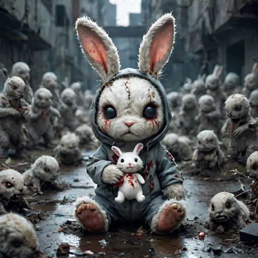 In this haunting image, a large white rabbit with bloodshot eyes and pink ears sits solemnly in the middle of a muddy, debris-strewn street. The rabbit, dressed in a gray hoodie with a hood pulled up over its head, cradles a smaller white rabbit in its paws. The smaller rabbit, also white, has blood on its chest, suggesting it has been injured. Surrounding the central rabbit are numerous smaller, grayish-white rabbits, all with bloodshot eyes and some missing ears, adding to the eerie atmosphere. The street is flanked by tall, gray buildings, and the sky above is a dull gray, enhancing the overall sense of desolation and despair. The scene evokes a post-apocalyptic vibe, with the rabbits appearing to be the last survivors in a world ravaged by some catastrophic event.
