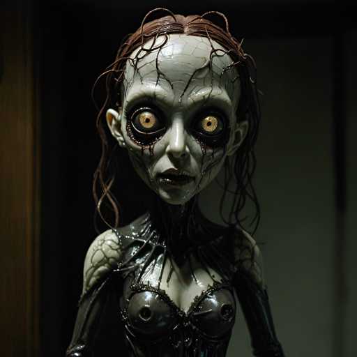 The image shows a doll with long brown hair and large eyes that appear to be glowing. The doll is dressed in black clothing and has a face painted on it, giving the impression of a creepy or evil character. The doll is standing against a white wall, which contrasts with its dark attire.