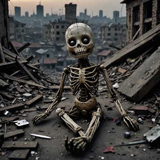 A creepy skeleton with a smiley face and spiky teeth sits on the ground surrounded by rubble and debris.