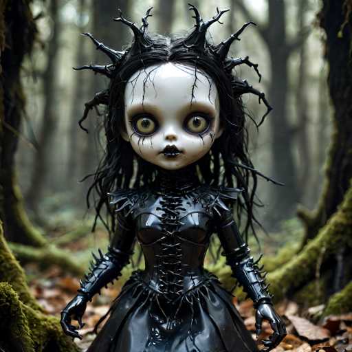 The image depicts a hauntingly beautiful doll with a distinctly eerie appearance. The doll's face is stark white, accentuated by large, yellow eyes that are framed by dark, smudged makeup. Her lips are painted a deep black, adding to her gothic allure. The doll's hair is long and stringy, predominantly black with some strands appearing almost gray. Intriguingly, her hair is adorned with what looks like black branches or twigs, giving the impression of a crown of thorns.

She is dressed in a striking black leather dress, which features a corset-like top with lacing that runs down the front. The dress is form-fitting, accentuating her figure, and transitions into a voluminous skirt. The sleeves of her dress are long and adorned with spikes, adding a touch of danger to her ensemble.

The doll stands in a dense forest, surrounded by trees with moss-covered trunks and a carpet of fallen leaves on the ground. The background is slightly blurred, emphasizing the doll's detailed and unsettling presence. Her arms are extended to her sides, and her fingers are slightly curled, as if she is reaching out or posing for a photograph. The overall scene is both beautiful and chilling, capturing a sense of dark enchantment.