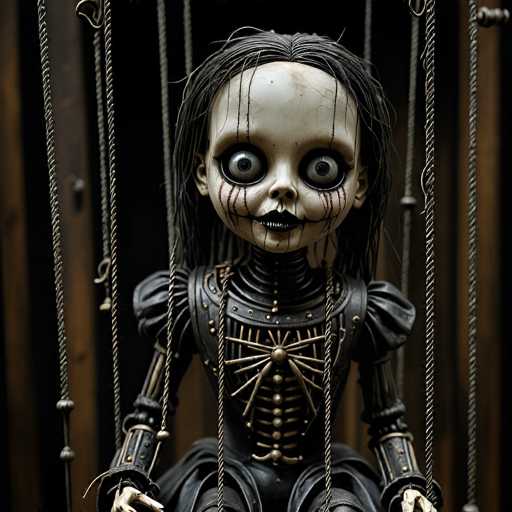 The image depicts a highly detailed and eerie marionette that appears to be inspired by characters from horror movies, possibly reminiscent of Chucky or a similar sinister puppet. The marionette has a distinctly creepy appearance with a white face, large, bulging eyes, and black lips that are slightly parted, revealing a hint of teeth. Blood-like streaks run from its eyes down to its mouth, enhancing its menacing look. Its long, stringy black hair is parted in the middle, adding to its unsettling appearance.

The marionette's body is adorned with a black leather dress that features puffy sleeves and a corset-like front, complete with a spiderweb design. The dress is further embellished with gold buttons and intricate metalwork, including a prominent gold button at the center of the chest. Its arms are made of metal, ending in white, skeletal hands. The marionette is suspended by numerous strings attached to its head, arms, and back, suggesting it is controlled like a puppet.

The background is dark and blurry, with indistinct wooden elements that could be part of a door or wall, adding to the overall eerie atmosphere of the image. The marionette's head is slightly tilted to the right, and its eyes are directed straight at the viewer, creating a sense of direct engagement and adding to the unsettling nature of the scene.