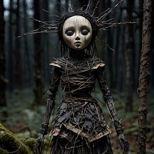 In this eerie and haunting image, a doll stands ominously in the middle of a dense forest. The doll's face is stark white, with large, unsettling black eyes that seem to stare directly into the viewer's soul. Its mouth is slightly open, adding to the creepy atmosphere. The doll's head is adorned with a mass of black hair that extends outward like a crown of thorns, interspersed with numerous thin, spindly branches that give it an even more sinister appearance.

The doll's body is wrapped in a chaotic tangle of twigs, branches, and what appears to be black leather or plastic, creating a makeshift dress that adds to its unsettling look. Its arms are long and slender, with fingers that curl unnaturally, as if poised to grasp something or someone. The doll's legs are obscured by the dense forest floor, which is covered in green leaves and moss, making it impossible to see its feet.

The background is a blur of tall, dark trees, their branches reaching out in various directions, contributing to the overall sense of foreboding. The doll stands motionless, its stillness making the scene even more chilling. The entire composition evokes a strong sense of unease and mystery, leaving the viewer with a lingering feeling of dread.