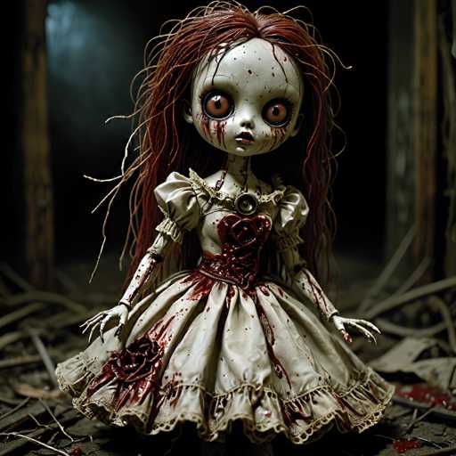 A creepy, decaying doll-like figure with a pale, cracked face and large, bloodshot eyes sits in a dilapidated setting. The doll is dressed in a tattered, vintage-style dress with bloodstain details and long, tangled red hair. The background is dark and shadowy, suggesting a dimly lit room or abandoned space. The overall atmosphere is eerie and unsettling, emphasizing the doll's macabre appearance.