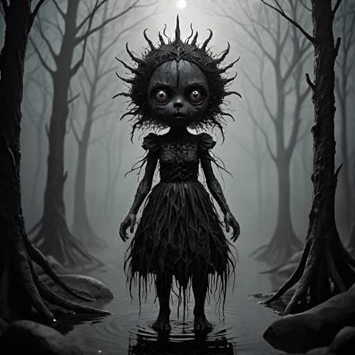 The image depicts a hauntingly eerie scene set in a dark, foggy forest. At the center stands a sinister-looking doll with an oversized head, adorned with a black headdress that resembles a crown of thorns. Its eyes are unnervingly large and bloodshot, giving it a demonic appearance. The doll is dressed in a black dress that appears to be made of twisted, stringy material, adding to its unsettling look. The doll's arms hang limply by its sides, and its feet are submerged in a small puddle of water, creating ripples around it. Surrounding the doll are barren trees with twisted branches, their dark silhouettes stretching into the misty background. The overall atmosphere is deeply gloomy and foreboding, with the doll's menacing presence dominating the scene.