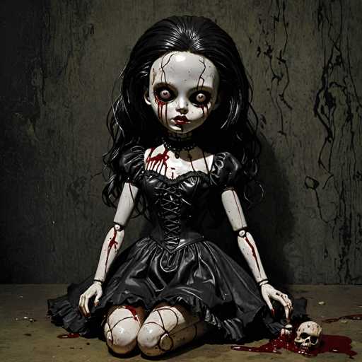 The image depicts a hauntingly detailed scene featuring a doll reminiscent of the character from "The Omen." The doll, which has long black hair and a white face, is seated on a grayish-brown floor against a similarly colored wall. Its eyes are rolled back, revealing only the whites, and blood trickles down from them, staining its red lips. The doll's pale skin contrasts sharply with the black dress it wears, which is laced up the front. Blood is visible on various parts of the doll: its left arm, right arm, and both legs. To the right of the doll lies a small skull, also stained with blood. The overall atmosphere is eerie and unsettling, with the doll's expressionless face and the pool of blood beside the skull adding to the macabre scene.