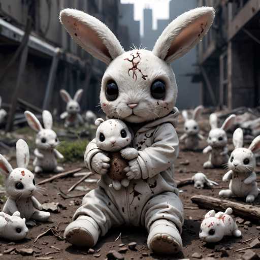 In this haunting image, a group of white stuffed bunnies is scattered across a dirt-covered ground, their once pristine fur now stained with blood. The scene is set against a backdrop of dilapidated buildings, their facades crumbling and windows shattered, suggesting a recent catastrophic event. The bunnies, some lying on their sides and others propped up, display varying degrees of damage. The central bunny, the largest and most prominent, has a conspicuous wound on its forehead, with blood trickling down its face. Its large, black eyes stare blankly ahead, and it cradles a smaller bunny in its arms. This smaller bunny, also white, has blood splattered across its face and body, adding to the macabre tableau. The larger bunny is dressed in a onesie with a hood, and its ears are stained with blood, further emphasizing the grim nature of the scene. The overall atmosphere is one of desolation and horror, with the once-innocent bunnies now symbols of destruction and despair.
