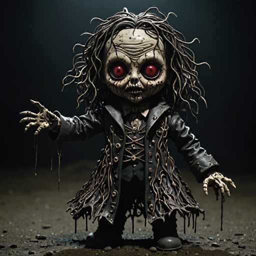 The image depicts a highly detailed, computer-generated figurine of a zombie-like doll, reminiscent of characters from horror movies. The doll has a grotesque, skull-like face with deep wrinkles and large, red eyes that appear to be dripping with blood. Its mouth is slightly open, revealing a few teeth, and there are black streaks running down its face, adding to its eerie appearance. The doll's long, stringy hair is a mix of black and gray, with some strands appearing to be dripping with a black substance. It is dressed in a black leather trench coat with buttons and a bow tie, and underneath, it wears a black vest with laces. The figure's hands are extended outward, with one hand appearing to drip with a black liquid, possibly blood. The doll stands on a gray, rocky surface, and the background is a dark gray, enhancing the overall spooky atmosphere of the image.
