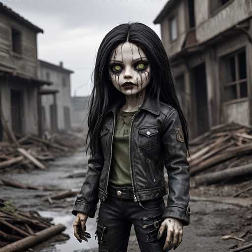 In this haunting image, a young girl stands amidst the ruins of a once-thriving town. The backdrop reveals a desolate landscape, with dilapidated wooden buildings and scattered debris, including broken logs and planks strewn across the ground. The sky above is a somber gray, adding to the overall melancholic atmosphere.

The girl, who appears to be around 10 years old, has long black hair that cascades down to her waist. Her eyes are a striking yellow, surrounded by dark, smudged markings that resemble black paint or ash. Her lips are painted a deep red, and similar dark streaks trail down her face, giving her an eerie, almost zombie-like appearance. She is dressed in a black leather jacket adorned with a small badge on the left sleeve, a green shirt underneath, and black pants that feature a silver belt buckle. Her hands are dirty, with visible smudges on her fingers, further emphasizing the chaotic environment she inhabits. The overall scene evokes a sense of desolation and abandonment, with the girl standing as a poignant symbol of survival amidst the ruins.