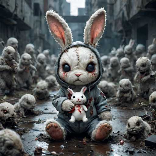 The image depicts a white rabbit with red eyes and a black nose holding a stuffed animal bear on its lap. The rabbit is wearing a gray hoodie and has blood dripping from its mouth. The background shows an urban setting filled with other stuffed animals in various states of decay or destruction, suggesting a post-apocalyptic environment.