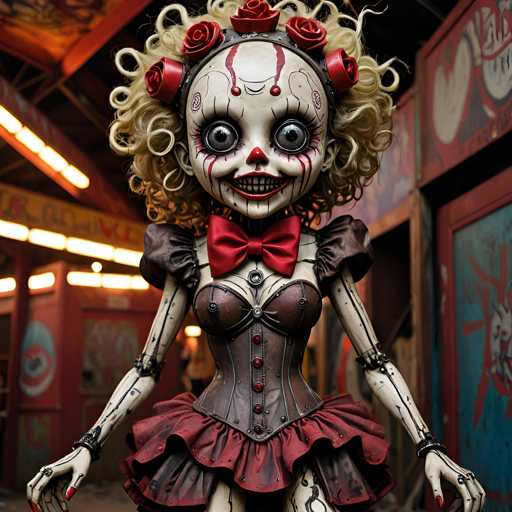 The image shows a creepy doll with blonde hair and red flowers on her head, dressed in a corset and a ruffled skirt. The doll is standing against the backdrop of a carnival or amusement park setting, which includes a sign that reads "Carnival".