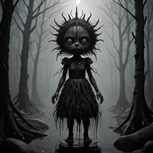The image depicts a dark figure standing on one leg in front of trees with bare branches and leaves. The figure is wearing a dress that appears to be made of black fabric or paint, giving it an eerie appearance. The background features the silhouettes of trees against a gray sky, creating a sense of depth and mystery.