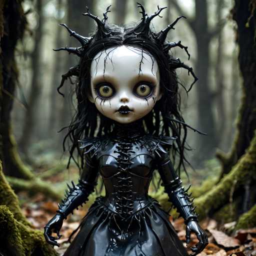 A doll with long black hair and a pointed headdress stands in the center of a forested area, surrounded by trees and foliage. The doll is dressed in a black outfit that includes a corset and a cape, adding to its eerie appearance.