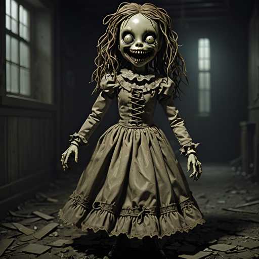 A creepy doll dressed in a long dress and headband stands alone in an abandoned hallway with broken windows and debris on the floor.
