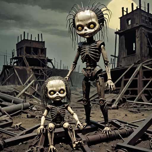 In this hauntingly detailed image, two skeletons are depicted in a post-apocalyptic setting. The skeleton on the left is seated, while the one on the right stands protectively over it. Both skeletons have eerie, yellow eyes that pierce through the darkness. The standing skeleton's left hand rests on the seated one's shoulder, and its right hand is placed on a piece of debris. The scene is shrouded in darkness, with a large, ominous moon casting a pale glow from the top right corner. The background reveals a desolate landscape filled with rubble and broken structures, including two dilapidated buildings. The sky is overcast with thick clouds, adding to the overall gloomy and unsettling atmosphere.