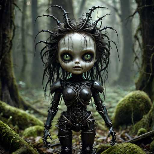 The image depicts a hauntingly beautiful, computer-generated doll standing in the middle of a dense, moss-covered forest. The doll has a large, round head with pale, almost white skin, and striking green eyes that gaze directly at the viewer. Her hair is a chaotic mix of black and gray, styled into wild, spiky tendrils that resemble tree branches or twigs. The doll's body is a striking blend of human and mechanical elements, with a metallic, robotic form that includes breastplates and a torso adorned with intricate metalwork. Her arms are also metallic, ending in hands with five fingers each. The doll's legs are encased in metal boots, completing her eerie, cyborg-like appearance. The forest around her is lush with green moss and trees, creating a mystical and slightly unsettling atmosphere.