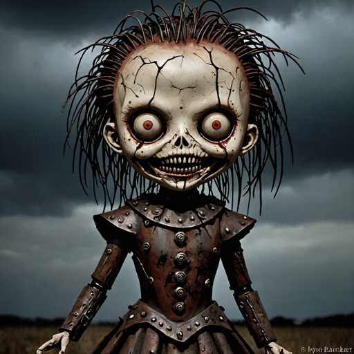 The image shows a creepy doll with red eyes and a mouth open wide, giving it an eerie appearance. The doll is dressed in a brown outfit that includes a corset and a ruffled skirt, adding to its unsettling look. The doll stands against a backdrop of a cloudy sky, further enhancing the creepy atmosphere.