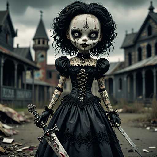 The image shows a doll with black hair and makeup standing on a dirt road surrounded by dilapidated buildings. The doll is dressed in a long black dress adorned with lace sleeves and has a skull painted on her face. She holds two swords in each hand, one of which she wields as if ready for battle.