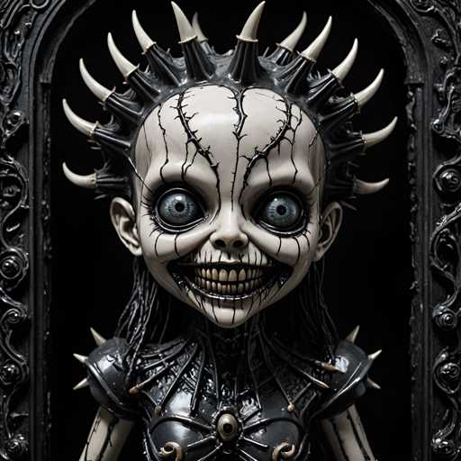 The image shows a close-up view of a doll with a face and hair that is painted black and white. The doll has large, pointed white spikes on its head and neck, giving it an eerie appearance. The doll's arms are crossed over her chest in a defensive posture. The background is dark and out of focus, drawing attention to the doll as the main subject of the image.