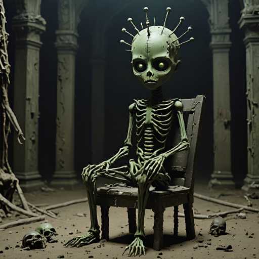 In this eerie and haunting scene, a green skeleton sits solemnly in a wooden chair, its bony hands resting on its lap. The skeleton's head is adorned with an unsettling array of pins and nails, some of which have small skulls perched on top, adding to the macabre atmosphere. Its eyes glow with an eerie green light, and a prominent scar runs down the center of its forehead, further enhancing its sinister appearance. The chair itself is surrounded by scattered debris, including two skulls on the ground to the left and another to the right. The setting appears to be a dilapidated, abandoned building with tall, broken pillars and a dirt floor strewn with rocks and sticks. The overall ambiance is dark and foreboding, with the skeleton's glowing eyes being the only source of light in the grim tableau.
