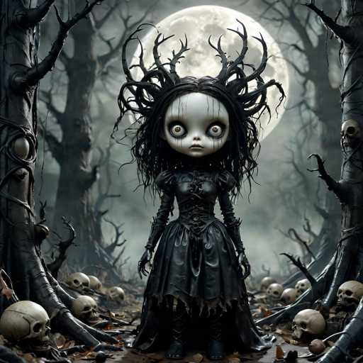 The image depicts a doll with long black hair and large horns standing in the center of a forest filled with trees and skulls. The doll is dressed in a black dress and has a white face adorned with black makeup. The background features a full moon rising behind the trees, creating an eerie atmosphere.