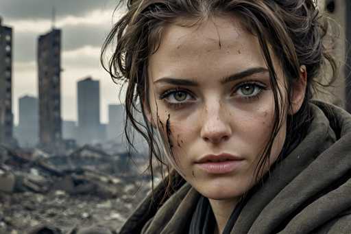 The image shows a close-up portrait of a young woman with long brown hair and green eyes. She is wearing a dark green hoodie that appears dirty or soiled. The background features an urban landscape with buildings in the distance, suggesting an industrial setting.