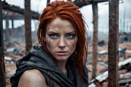A woman with red hair and a green scarf is standing in front of a rusted metal structure that appears to be abandoned or dilapidated.