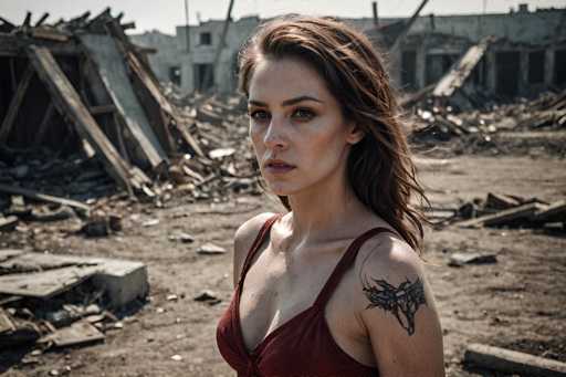 A woman with long brown hair is standing in a field surrounded by rubble and debris from an abandoned building. She is wearing a red tank top that contrasts with the muted colors of her surroundings. The woman's gaze is directed straight at the camera, creating a sense of connection between herself and the viewer.