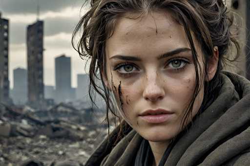 In this evocative image, a young woman with striking green eyes and brown hair stands amidst the aftermath of a catastrophic event. Her face, marked by dirt and streaks of black paint, conveys a sense of struggle and resilience. She is dressed in a gray hoodie, blending into the desolate surroundings. The background reveals a city in ruins, with debris scattered across the ground and several buildings reduced to rubble. Despite the devastation, the sky above is a stark contrast, painted a clear, bright blue, adding an almost surreal quality to the scene. The image captures a poignant moment of survival and the harsh realities of destruction.