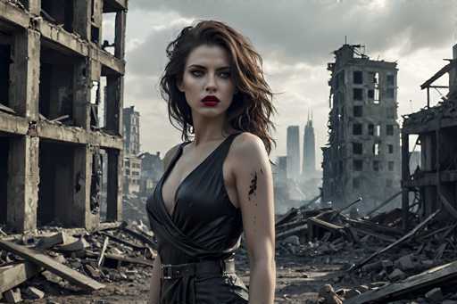 In this striking image, a woman stands amidst the ruins of a devastated city. She is positioned in the foreground, wearing a sleek black leather dress cinched at the waist with a matching belt. Her long, wavy brown hair cascades down to her shoulders, framing her face, which is adorned with bold red lipstick. Her expression is one of solemnity, her gaze directed slightly to the left. The background reveals a city in chaos, with crumbling buildings and scattered debris. Despite the destruction, the sky above is a serene blue, dotted with white clouds, creating a stark contrast to the scene below. The woman's dress is notably splattered with black paint, adding to the dramatic and somber atmosphere of the image.