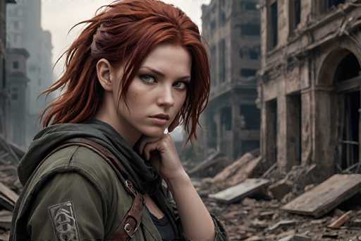 The image depicts a highly detailed, computer-generated scene of a young woman standing in the foreground of a devastated cityscape. The woman, who appears to be in her early 20s, has striking red hair that is pulled back into a ponytail, with a few loose strands framing her face. Her blue eyes are intense and focused, looking directly at the viewer. She is dressed in a green jacket with a hood, which has a leather strap running from her shoulder to her waist, and a black shirt underneath. A patch with a symbol is visible on her right shoulder. Her left hand is positioned under her chin, adding to her contemplative expression.

The background reveals a city in ruins, with crumbling buildings and scattered debris such as wooden planks and bricks. The sky is overcast, contributing to the somber and desolate atmosphere. The overall scene suggests a post-apocalyptic setting, with the woman appearing to be one of the few survivors amidst the destruction.